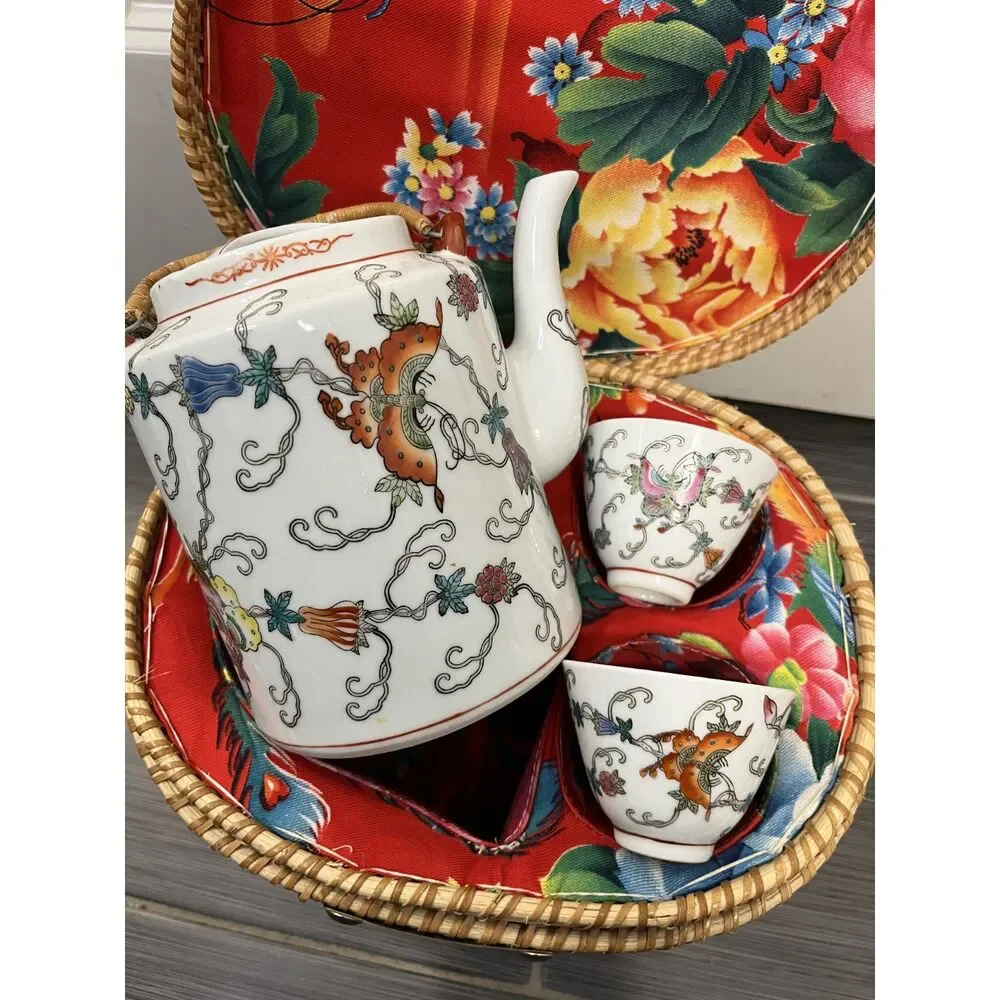 Vintage Chinese Wicker Tea Basket With Tea Pot and Tea Cups- 4 Pieces - Picture 3 of 10